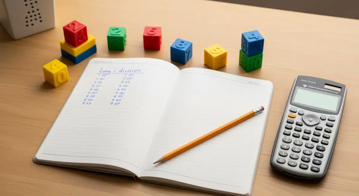 Bureau avec cahier ouvert montrant comment poser une division, crayon, calculatrice et blocs numériques