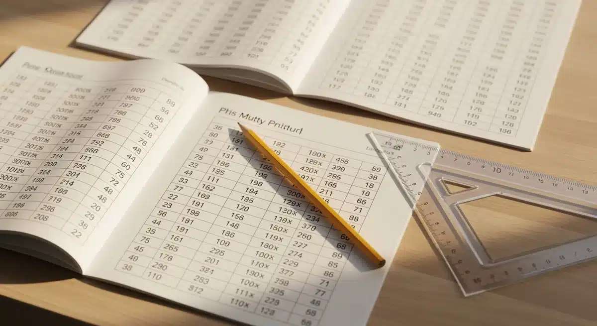 Bureau avec feuilles d'exercices de multiplication en colonnes, crayon et règle pour apprendre la méthode