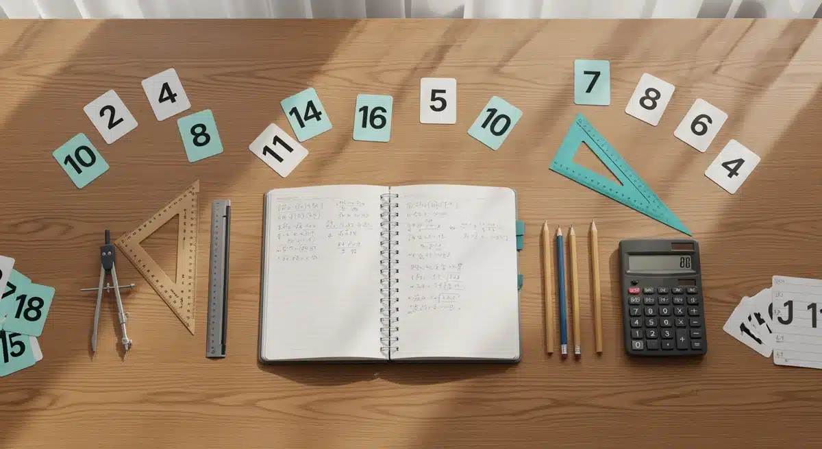 Bureau avec matériel mathématique pour apprendre le plus grand commun diviseur exemple avec calculatrice et cahier