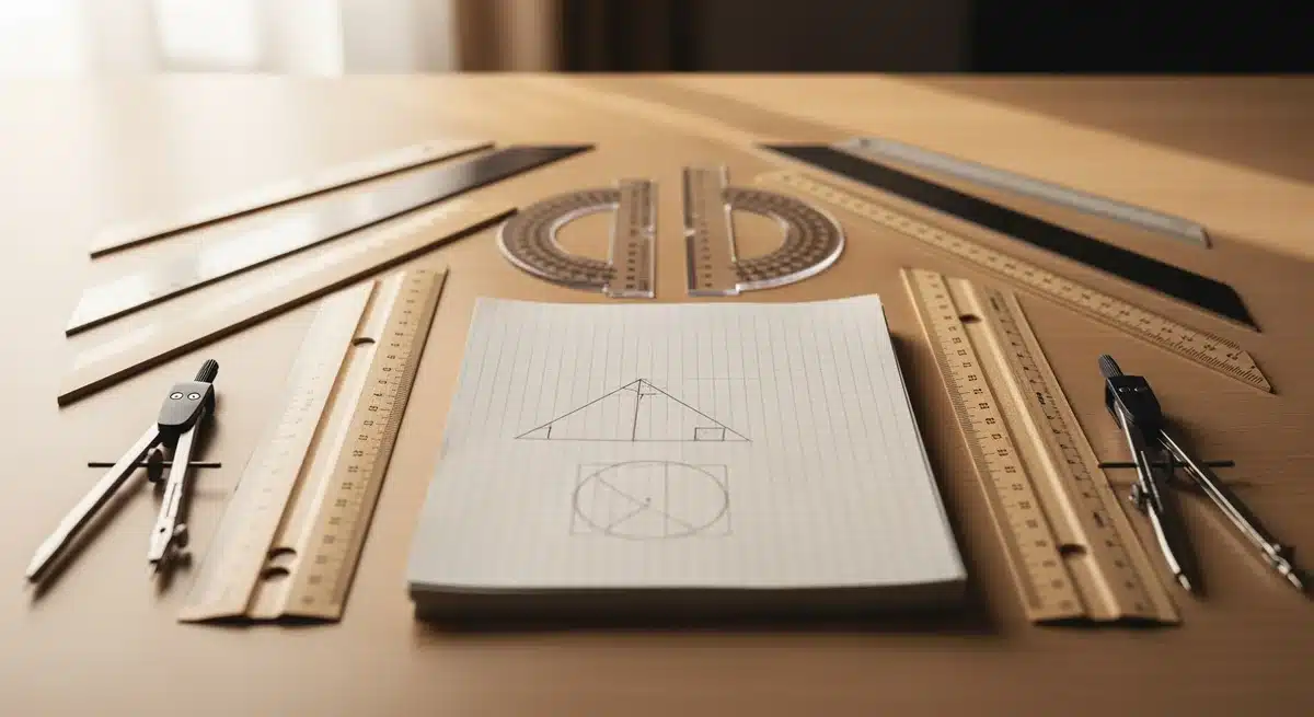 Outils géométriques disposés symétriquement sur bureau en bois pour apprendre la symétrie axiale