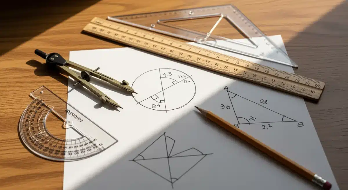 Outils géométriques sur bureau en bois pour apprendre la symétrie centrale en classe de 5ème