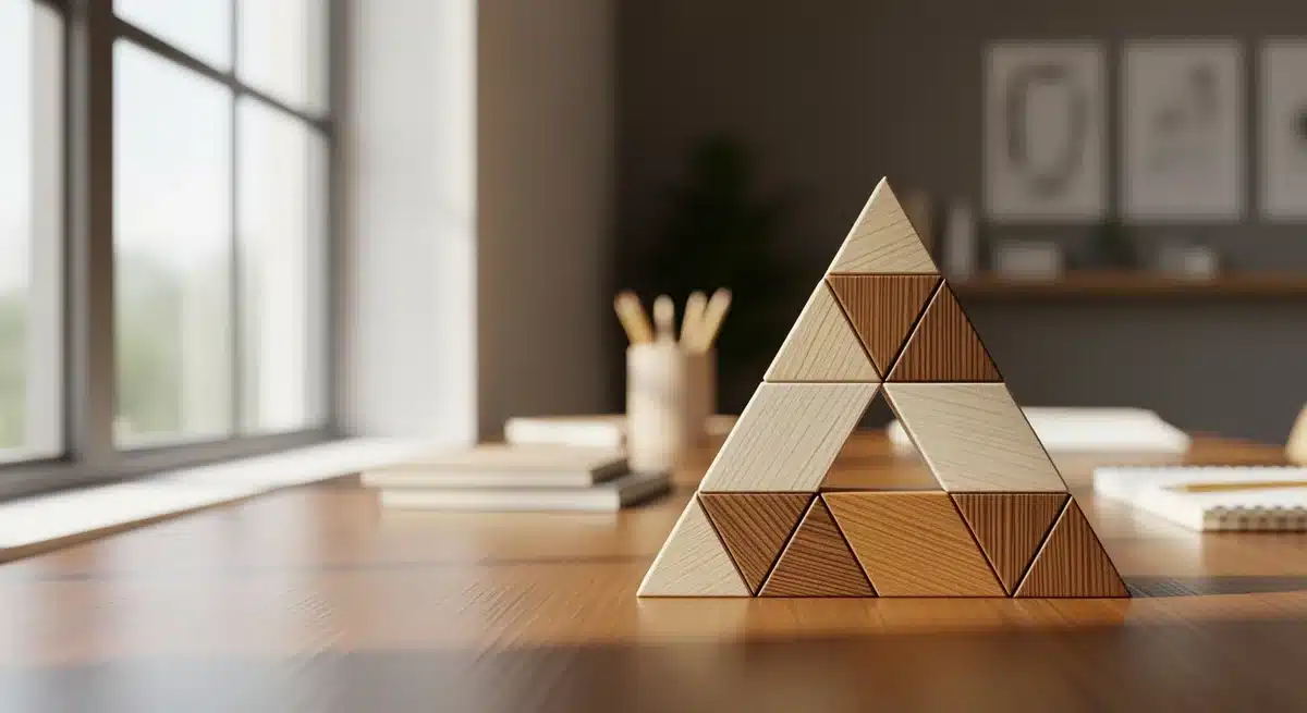 Triangle rectangle formé avec des blocs en bois sur bureau, côté adjacent mis en évidence par la lumière